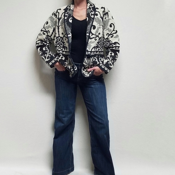 VINTAGE 90s Flashback Black Cream Knit Shawl Collar Oversized Blanket Jacket S - Picture 2 of 12